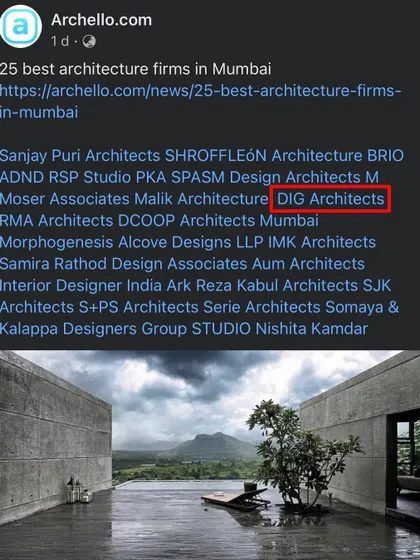 A big thank you to Archello for including DIG Architects in their list of the '25 best architecture firms in Mumbai'. We are proud to be listed among such great talent.