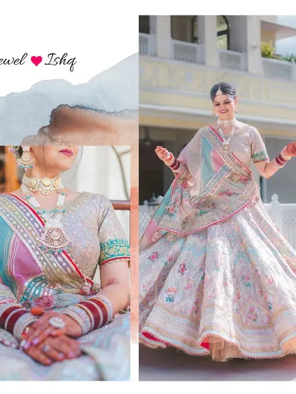This collage shows the bride's full, twirling lehenga and a close-up of her pastel jewellery, highlighting how we style for both grand and intimate moments.