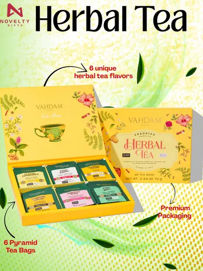 This Vahdam herbal tea set is perfect for promoting wellness. It includes six unique herbal tea flavors in pyramid tea bags, ideal for a calming and healthy gift.