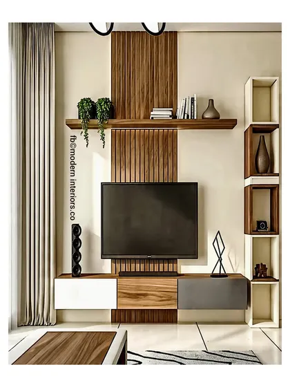 I designed this unit with an asymmetrical layout to create a dynamic and modern look. The combination of wood, white, and grey, along with the open box shelving, provides a unique way to display decor and store media essentials.