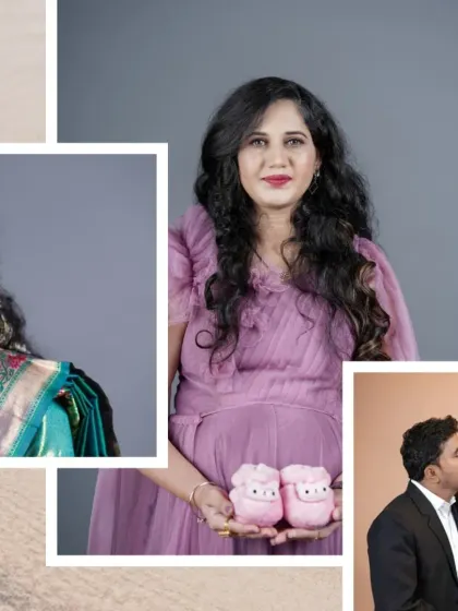 A photo collage from a maternity session, showing a variety of looks. It includes a traditional saree portrait, a modern gown, a couple's shot, and a prop with baby shoes.