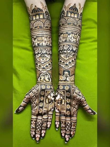 A grand bridal design with architectural motifs and swans.