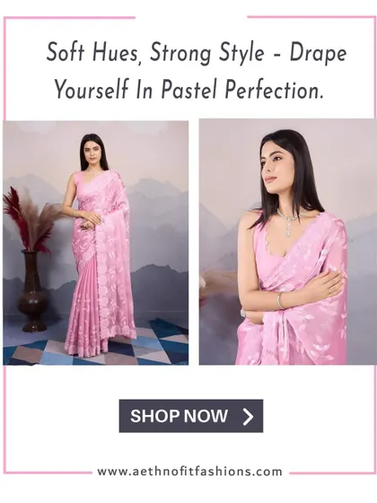 Soft hues, strong style. This pink Burberry silk saree with C-Pallu embroidery and sequins is made for your spotlight moments. It's grace and sparkle, all in one.