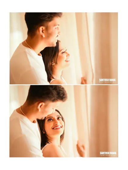 A beautiful diptych capturing tender moments between a couple by a window, filled with soft light.