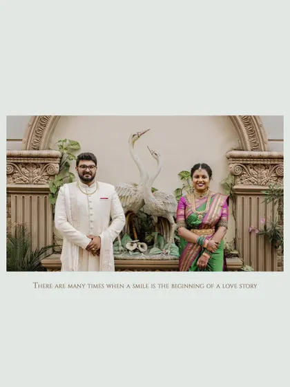 A simple and elegant portrait of the couple with the caption, "There are many times when a smile is the beginning of a love story."