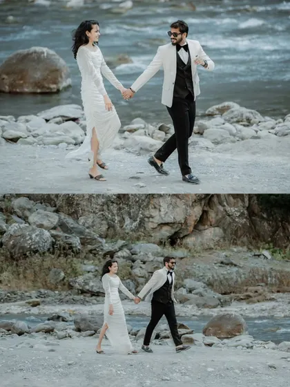 A pair of images showing Rahul and Priyanka walking hand-in-hand along a riverbank in Kashmir. The formal attire contrasts beautifully with the rugged, natural landscape.