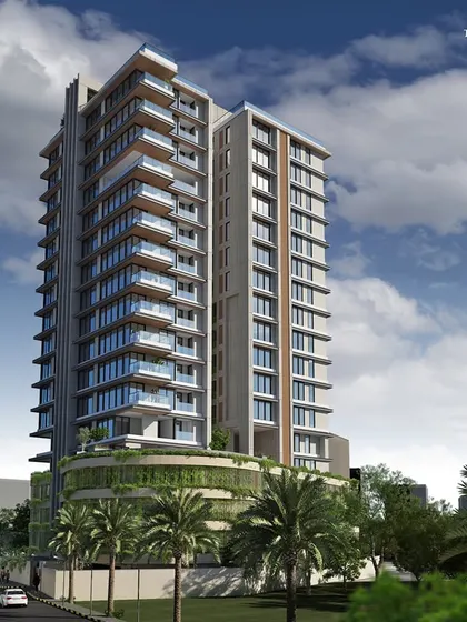A view of the Khar redevelopment project, nestled among palm trees. The design features a dynamic interplay of horizontal and vertical lines, true to our firm's tenet of creating timeless and sophisticated architecture.
