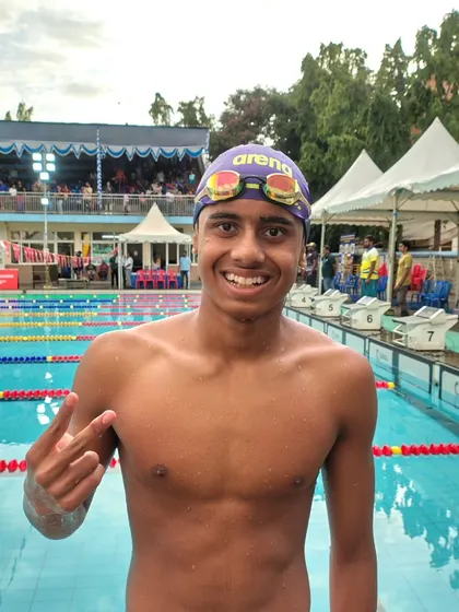 Advaitha V M celebrating his silver medal win.