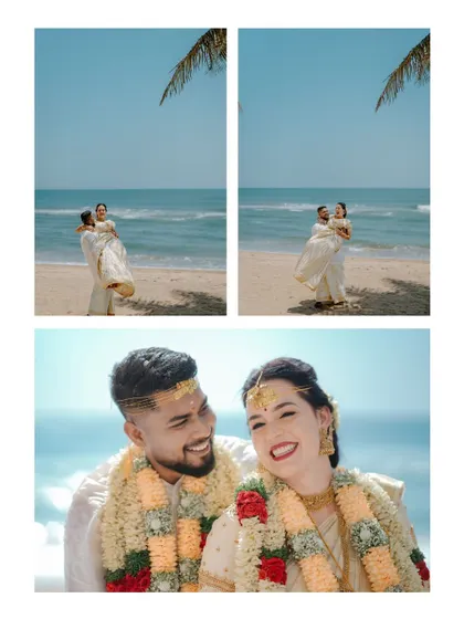 A collage of joyful moments from a beach wedding in Chennai. From the groom lifting his bride to their happy smiles against the waves, these photos capture the fun and romance of a destination celebration.