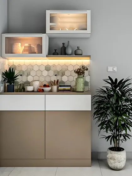 A compact and stylish crockery cabinet perfect for a dining area corner. The unit features a hexagonal tile backsplash, under-cabinet lighting, and a mix of closed and glass-front storage.
