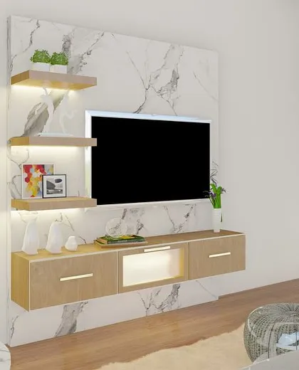 A clean and bright TV unit design with a marble backdrop and light wood shelving, perfect for a modern and minimalist living space.