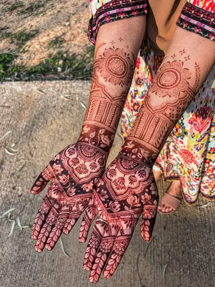 The beautiful, matured stain of a bridal mehendi, photographed outdoors to capture its true, rich color.