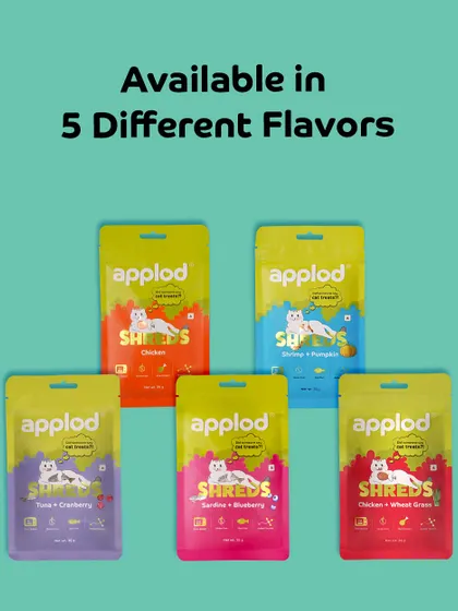 For our feline friends, I offer Applod Shreds cat treats in five different flavors, including Chicken, Tuna, and Sardine.