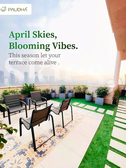 April skies and blooming vibes. This season, we let this terrace come alive with a mix of patterned tiles and artificial grass, modern seating, and a variety of planters against the city skyline.
