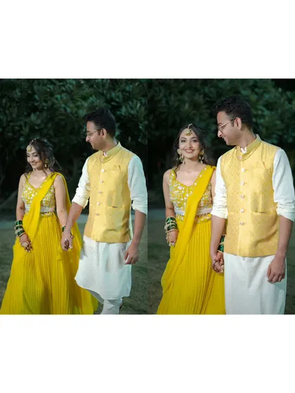 A collage of the couple walking hand-in-hand in their vibrant yellow outfits, capturing their happy and candid moments.