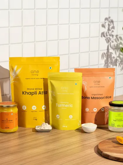 A bright and clean kitchen setup for One Living's organic pantry staples. We used a white tile background and wooden surfaces, playing with interesting shadows to create a fresh, real-life environment for the products.