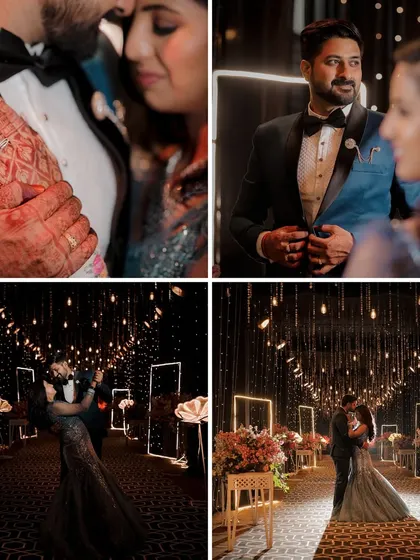 A collection of artistic and romantic shots from the Sangeet night. We used the string light decor to create a dreamy, bokeh effect, capturing both wide shots of the couple dancing and intimate close-ups.