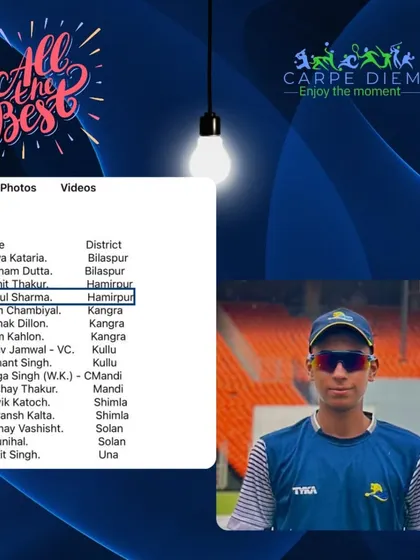 Congratulations to our player Anshul Sharma for his selection in the HPCA team for the Cooch Behar Trophy. His dedication is an example for all our aspiring cricketers.