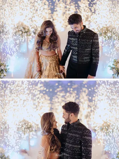 A magical moment as the couple exchanges rings, framed by a backdrop of sparkling cold pyrotechnics.