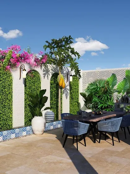 A backyard makeover concept featuring Mediterranean-style arches, vertical green panels, and patterned tiles. Renders like this help clients see the vision before we begin.