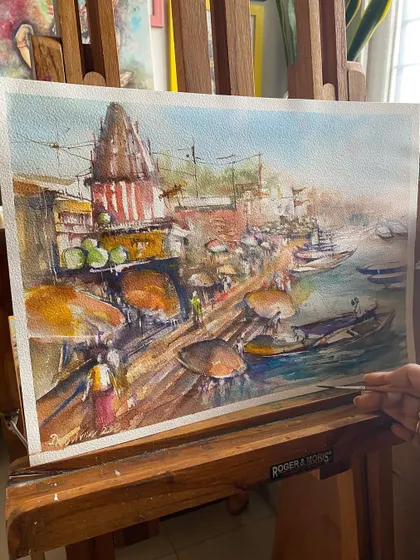 Varanasi is a vibe I can't get enough of. This watercolor of the ghats captures the chaotic beauty of the boats, the ancient buildings, and the steps leading down to the holy river.