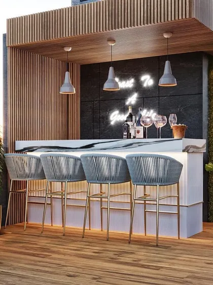 A modern rooftop bar concept, perfect for entertaining. The 3D render details the bar counter, seating, neon signage, and a green wall, creating a chic and inviting atmosphere.