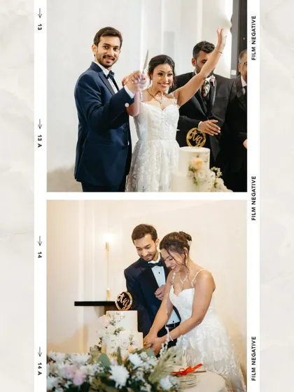 The sweet tradition of the cake cutting. This collage captures the couple's joy as they celebrate their union with a beautiful wedding cake.