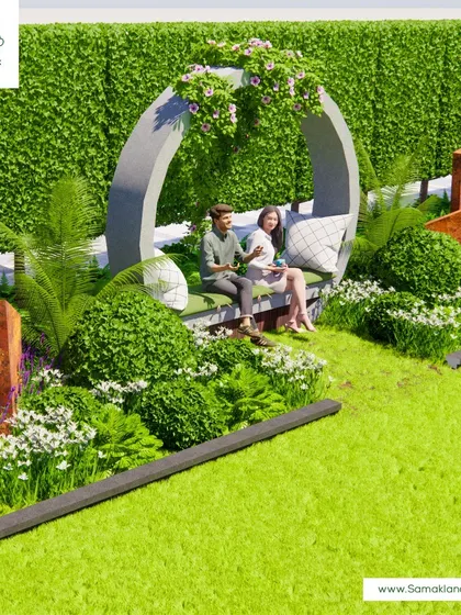 A unique, sculptural seating element serves as a focal point against a backdrop of a tall green hedge. This design shows our creativity in incorporating functional art and custom furniture into the landscape.