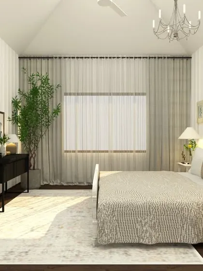 A bright and airy bedroom with a serene, almost coastal feel. The white shiplap walls, distressed wood bed, and light, neutral fabrics create a calm and restful atmosphere. The indoor plant adds a touch of natural freshness.