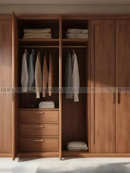 This classic hinged wardrobe in a rich wood finish offers timeless appeal. The design features ample internal organization, including hanging rods and drawers, to keep everything neatly in its place.