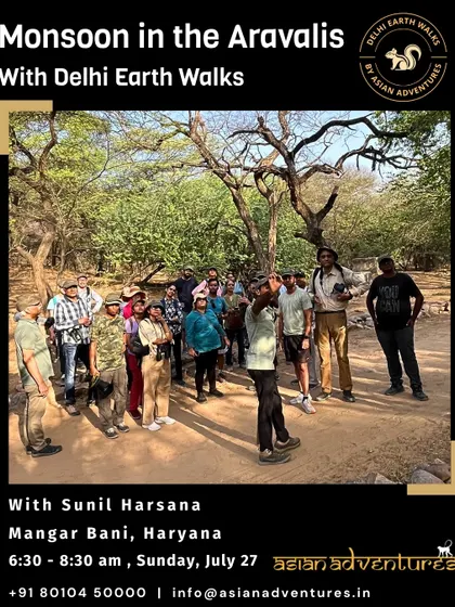 A group gathers in the Aravallis during our "Monsoon in the Aravallis" walk. Led by local conservationist Sunil Harsana, these walks connect people to the stories of the land.