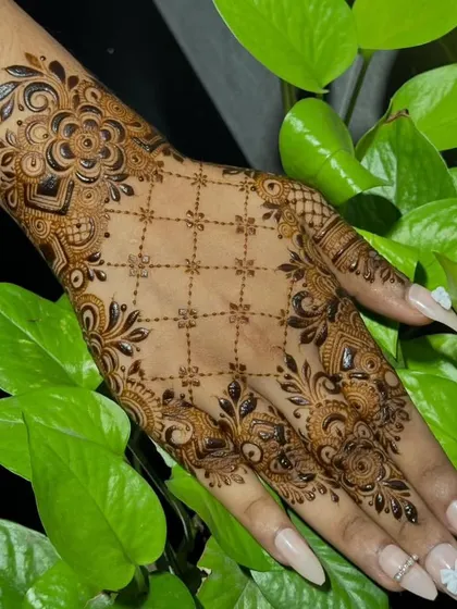 A beautiful net pattern design on the back of the hand, photographed against a natural green background that makes the henna color pop.