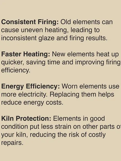 New elements lead to faster, more even heating and better energy efficiency. Replacing worn elements protects your kiln from strain and prevents inconsistent glaze results.
