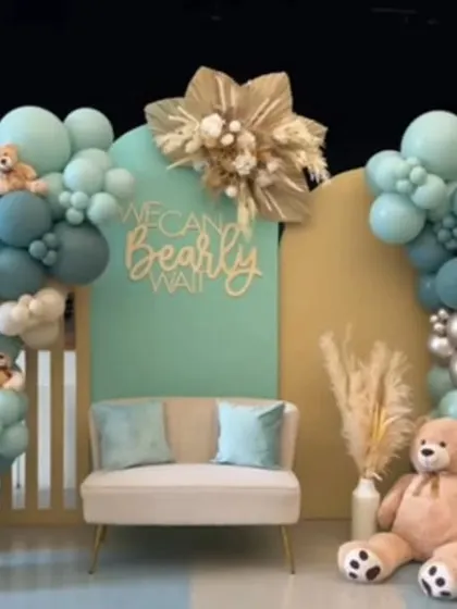 A wider shot of the teal teddy bear theme, showing the full scale of the backdrop against the stage. This design is perfect for larger venues and creates a significant visual impact.