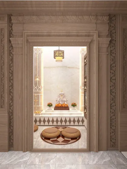 A divine corner of serenity. This traditional pooja room features an intricately carved wooden doorway, leading to a peaceful space with a marble Ganesha idol and woven floor seating.