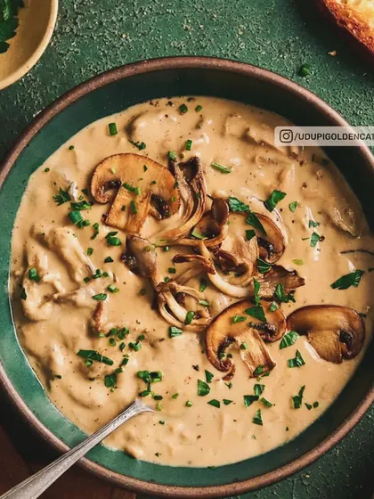 This is our rich and earthy Cream of Mushroom soup, made with fresh mushrooms and garnished with parsley. It's a sophisticated choice for any formal dinner.