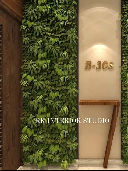 A 3D render of a luxury foyer design. This concept includes a vertical green wall, a sleek wooden console, and a modern nameplate, creating a fresh and natural entrance.