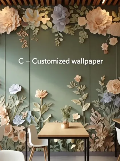 Representing 'C for Customized', this image shows a beautiful 3D floral wallpaper in a cafe setting. We can create any custom design to match the theme and ambiance of your business.