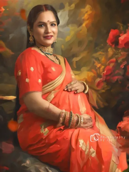 A digitally painted portrait of a mom-to-be in a traditional red saree, giving the photo a timeless, classic art feel.