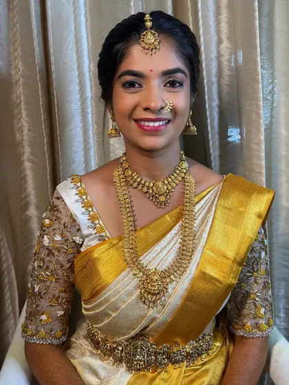 The complete look for my bride Shanthala. The makeup, hair, and saree all come together to create a timeless and elegant South Indian bridal look.