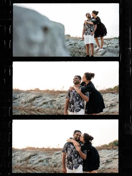 A collage of candid moments from the couple's lakeside shoot, presented in a vintage film strip style.