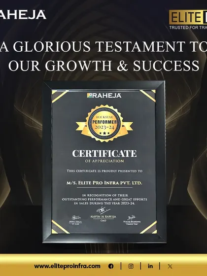 We are thrilled to be named a 'Rockstar Performer 2023-24' by Raheja Developers. This certificate is a glorious testament to our growth, success, and great efforts in sales.