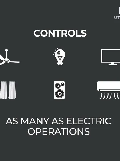 We simplify control over as many electric operations as you need. This graphic shows the range of devices we can integrate, including fans, lights, TVs, curtains, speakers, and air conditioners, all managed through one unified system.