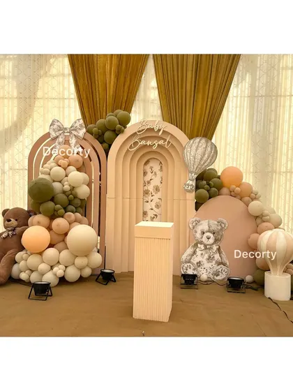 The backdrop for the teddy bear party, showcasing the elegant color palette and charming details.