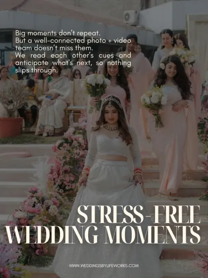 A bride and her bridesmaids walk down a flower-lined staircase. This shot is a perfect example of a big moment that my unified photo and video team ensures is never missed.
