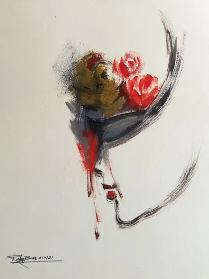 A minimalist and expressive acrylic on paper, this untitled piece uses a few bold strokes to capture the profile of a woman with roses in her hat.