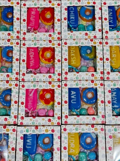Another look at our popular birthday return favors, each one personalized with a child's name. It's a unique gift that makes every guest feel special.