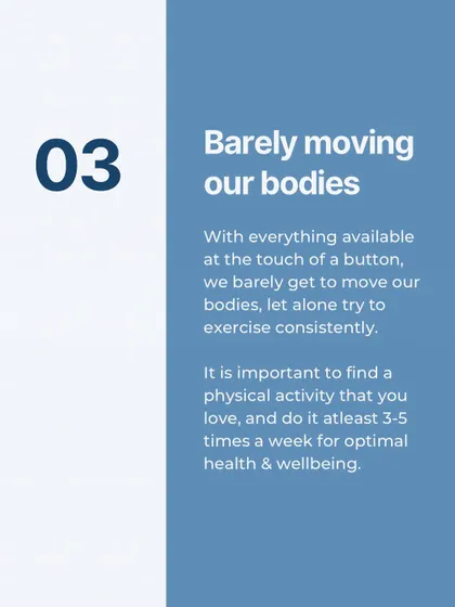 Five mistakes ruining your health: sleeping late, complicating your diet, barely moving, working too much, and not being content.