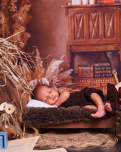 The full setup for the rustic woodland theme, with the baby sleeping in a tiny bed next to an owl and vintage books.