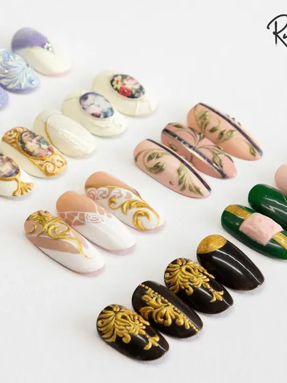 A full collection of my baroque-inspired nail art, showcasing different color palettes and intricate patterns.